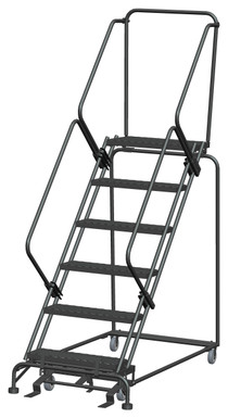 50 Degree Slope Walk Down Ladders, 6 Step, 32 In Wide Base, 14 in Deep Top Step, Expanded Metal Tread