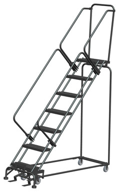 50 Degree Slope Walk Down Ladders, 7 Step, 24 In Wide Base, 14 in Deep Top Step, Serrated Tread, Setup