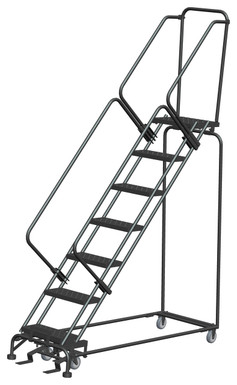 50 Degree Slope Walk Down Ladders, 7 Step, 24 In Wide Base, 14 in Deep Top Step, Perforated Tread, Setup