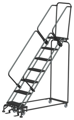 50 Degree Slope Walk Down Ladders, 7 Step, 24 In Wide Base, 14 in Deep Top Step, Expanded Metal Tread