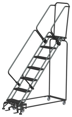 50 Degree Slope Walk Down Ladders, 7 Step, 24 In Wide Base, 14 in Deep Top Step, Expanded Metal Tread, Setup