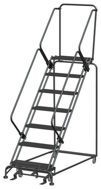 50 Degree Slope Walk Down Ladders, 7 Step, 32 In Wide Base, 14 in Deep Top Step, Serrated Tread, Setup