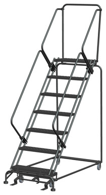 50 Degree Slope Walk Down Ladders, 7 Step, 32 In Wide Base, 14 in Deep Top Step, Perforated Tread, Setup