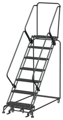 50 Degree Slope Walk Down Ladders, 7 Step, 32 In Wide Base, 14 in Deep Top Step, Expanded Metal Tread, Setup