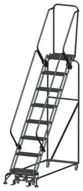 50 Degree Slope Walk Down Ladders, 8 Step, 24 In Wide Base, 14 in Deep Top Step, Serrated Tread, Setup