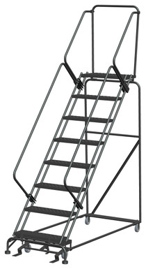 50 Degree Slope Walk Down Ladders, 8 Step, 32 In Wide Base, 14 in Deep Top Step, Perforated Tread