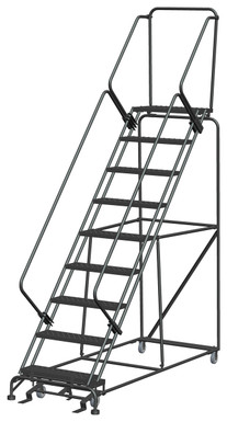 50 Degree Slope Walk Down Ladders, 9 Step, 32 In Wide Base, 14 in Deep Top Step, Perforated Tread, Setup