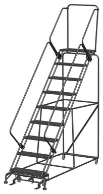 50 Degree Slope Walk Down Ladders, 9 Step, 32 In Wide Base, 14 in Deep Top Step, Expanded Metal Tread, Setup