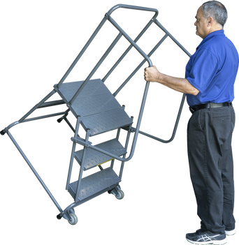 Tilt & Roll Ladders, 3 Step, 30 in Wide Base, 21 in Deep Top Step, Serrated Tread, Setup