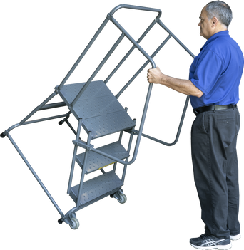 Tilt & Roll Ladders, 3 Step, 30 in Wide Base, 21 in Deep Top Step, Serrated Tread, Setup