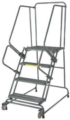 Tilt & Roll Ladders, 4 Step, 30 in Wide Base, 21 in Deep Top Step, Serrated Tread, Setup