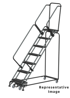 Weight Actuated 50 Degree Slope Walk Down Ladders, Weight Actuated, 50° Incline, 7 Step, 32 In Wide Base, 28 in Deep Top Step, Serrated Tread, Setup