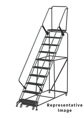 Weight Actuated 50 Degree Slope Walk Down Ladders, Weight Actuated, 50° Incline, 10 Step, 32 In Wide Base, 14 in Deep Top Step, Expanded Metal Tread, Setup