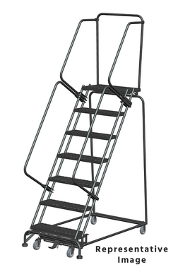 Weight-Actuated Series Ladders, Weight Actuated, 7 Step, 32 In Wide Base, 14 in Deep Top Step, Abrasive Mat Tread, Setup