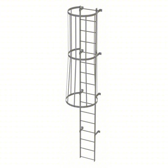 Tri-Arc Fixed Ladder With Safety Cage: 15 Ft, 15 Ft Top Step Height, 16 Steps, 36 In Overall Wide, Top