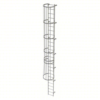 Tri-Arc Fixed Ladder With Safety Cage: 25 Ft, 25 Ft Top Step Height, 26 Steps, 36 In Overall Wide, Top