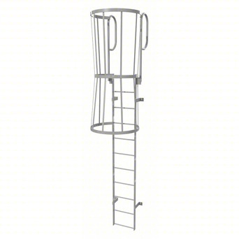Tri-Arc Fixed Ladder With Safety Cage: 14 Ft, 10 Ft Top Step Height, 11 Steps, 36 In Overall Wide, Top