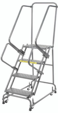 Spring Loaded Caster Ladders, 4 Step, 20 In Wide Base, 14 in Deep Top Step, Perforated Tread