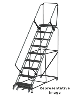 Weight Actuated 50 Degree Slope Walk Down Ladders, Weight Actuated, 50° Incline, 9 Step, 32 In Wide Base, 14 in Deep Top Step, Expanded Metal Tread, Setup