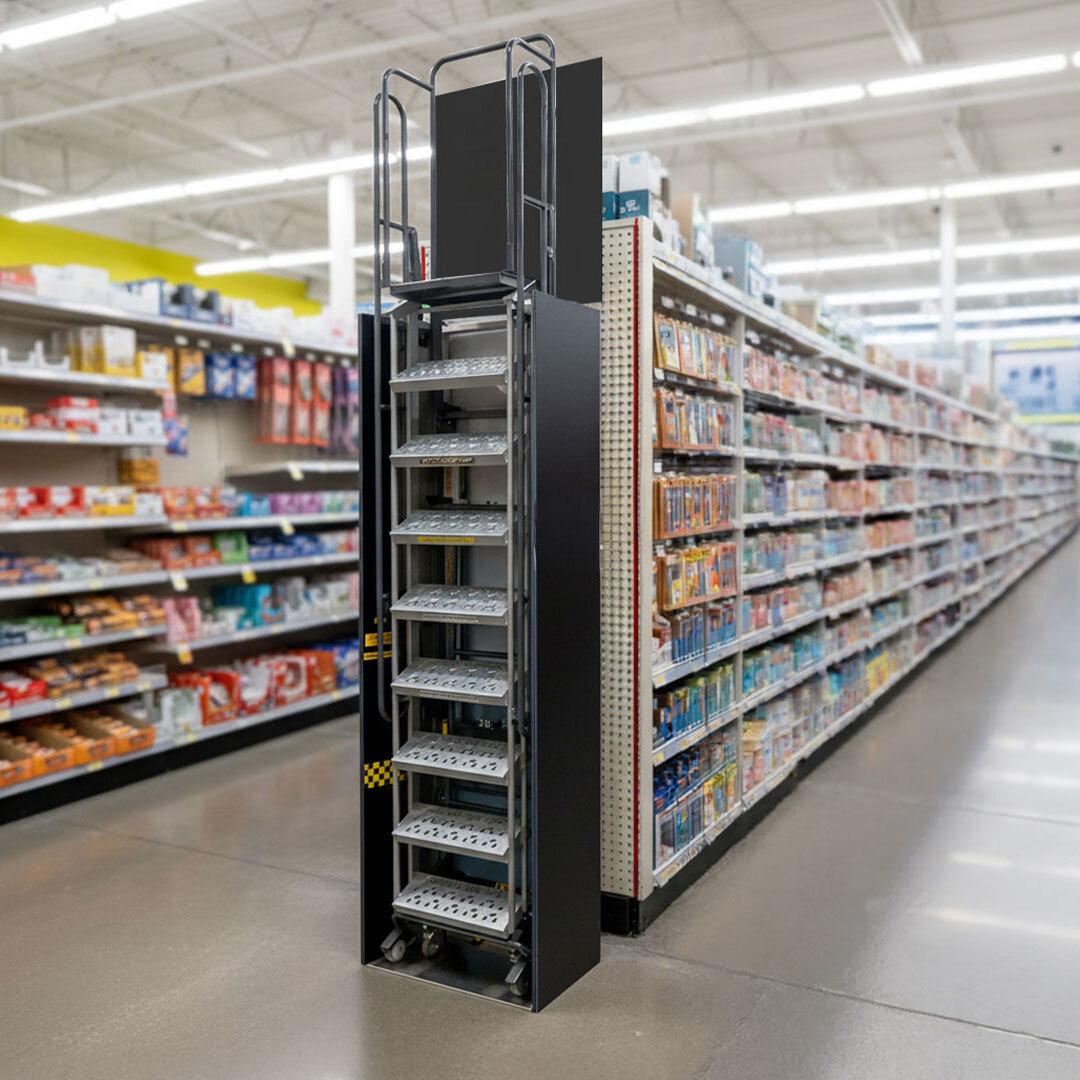 Hybrid Rolling Ladder and Docking Station in retail stockroom