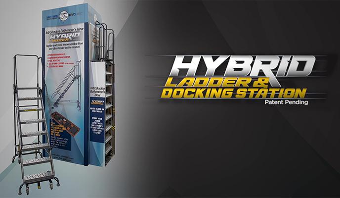 A rolling ladder shown folding into an upright storage area