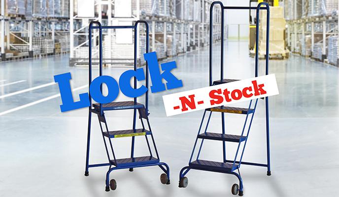 A pair of rolling stocking ladders in a warehouse environment that appear to fold and retract their wheels