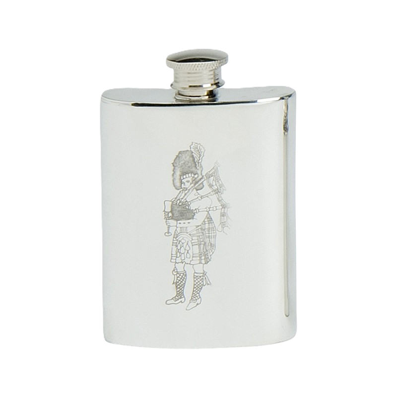 Pewter Hip Flask Engraved Piper, 4 oz