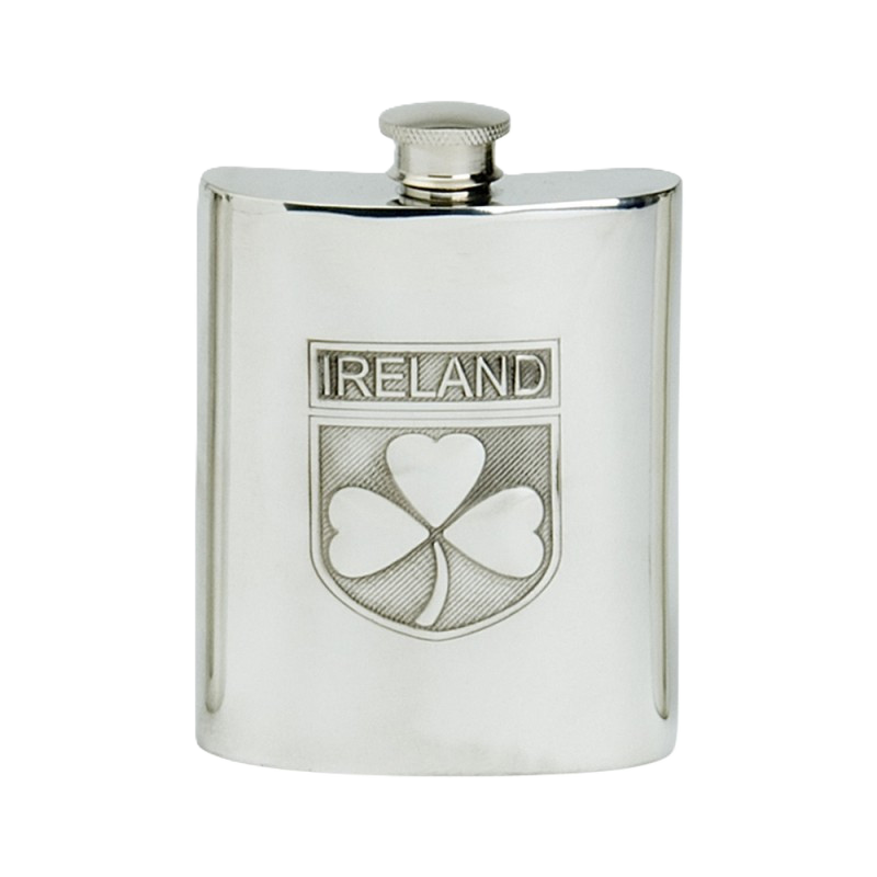 Pewter Hip Flask Ireland Shield, 6 oz