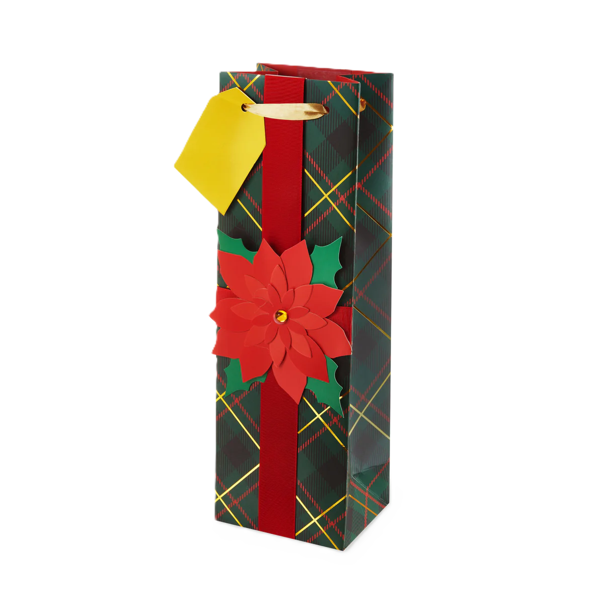 Red & Green Plaid Poinsettia Single Bottle Gift Bag