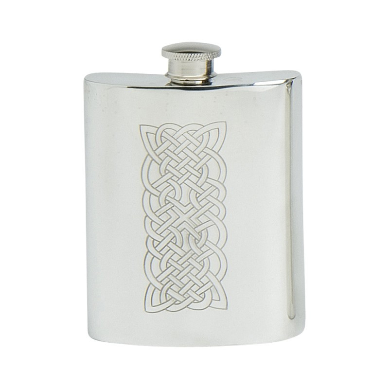 Pewter Hip Flask - Celtic Panel Engraved, 6 oz