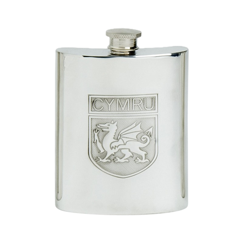 Pewter Hip Flask Wales Shield, 6 oz