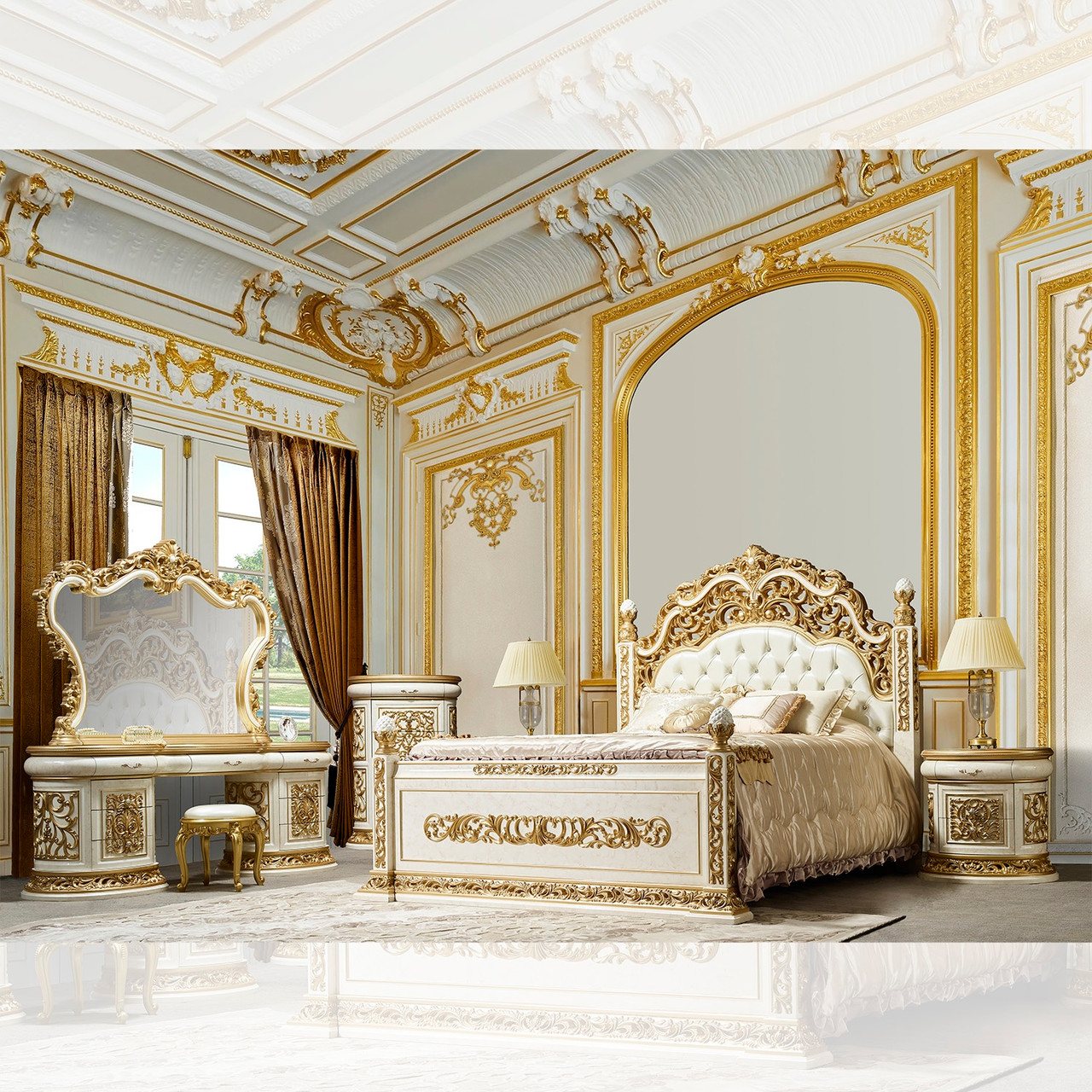 P1 903B - Adwin Elegant Cream and Bold Gold Formal 5 Piece Bed Set