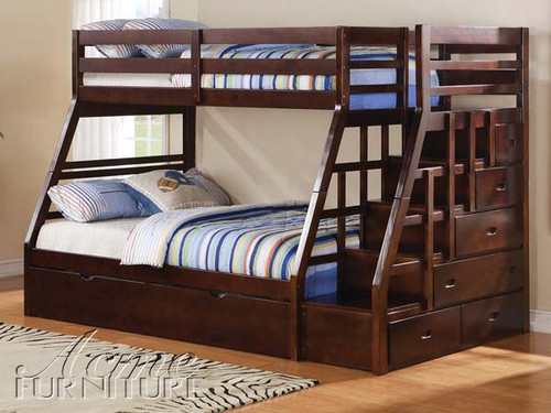 ac37015 - Jason Espresso Solid Wood Twin Over Full Bunk Bed Set with Storage Ladder and Trundle