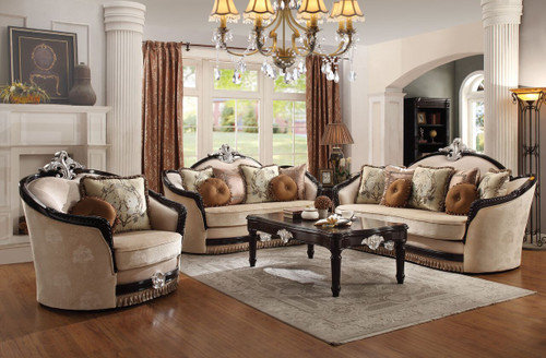 P2 52110 Jabari Tan Fabric Black Finish Formal Sofa And Love Seat