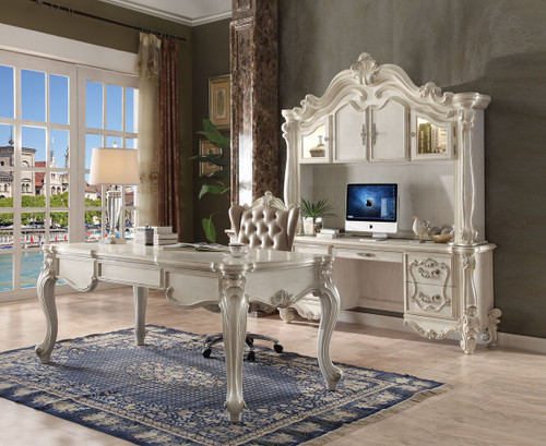AC92275 Versailles Bone White Finish Executive Desk With Credenza Desk/Hutch and Chair