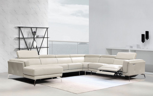 P6 76123 Elisio Modern U-Shaped Light Grey Top Grain Leather Sectional Sofa with Power Recliner