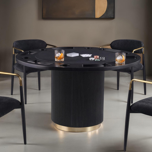 FAGM700BK -  Boisey Round Convertible Gaming and Dining Table, Black with Gold Accent Base, Pedestal Style Up Close View