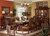 ac12150 - Dresden Cherry Oak Solid Wood and Chenille Standard Height 9 Piece Pedestal Dining Set