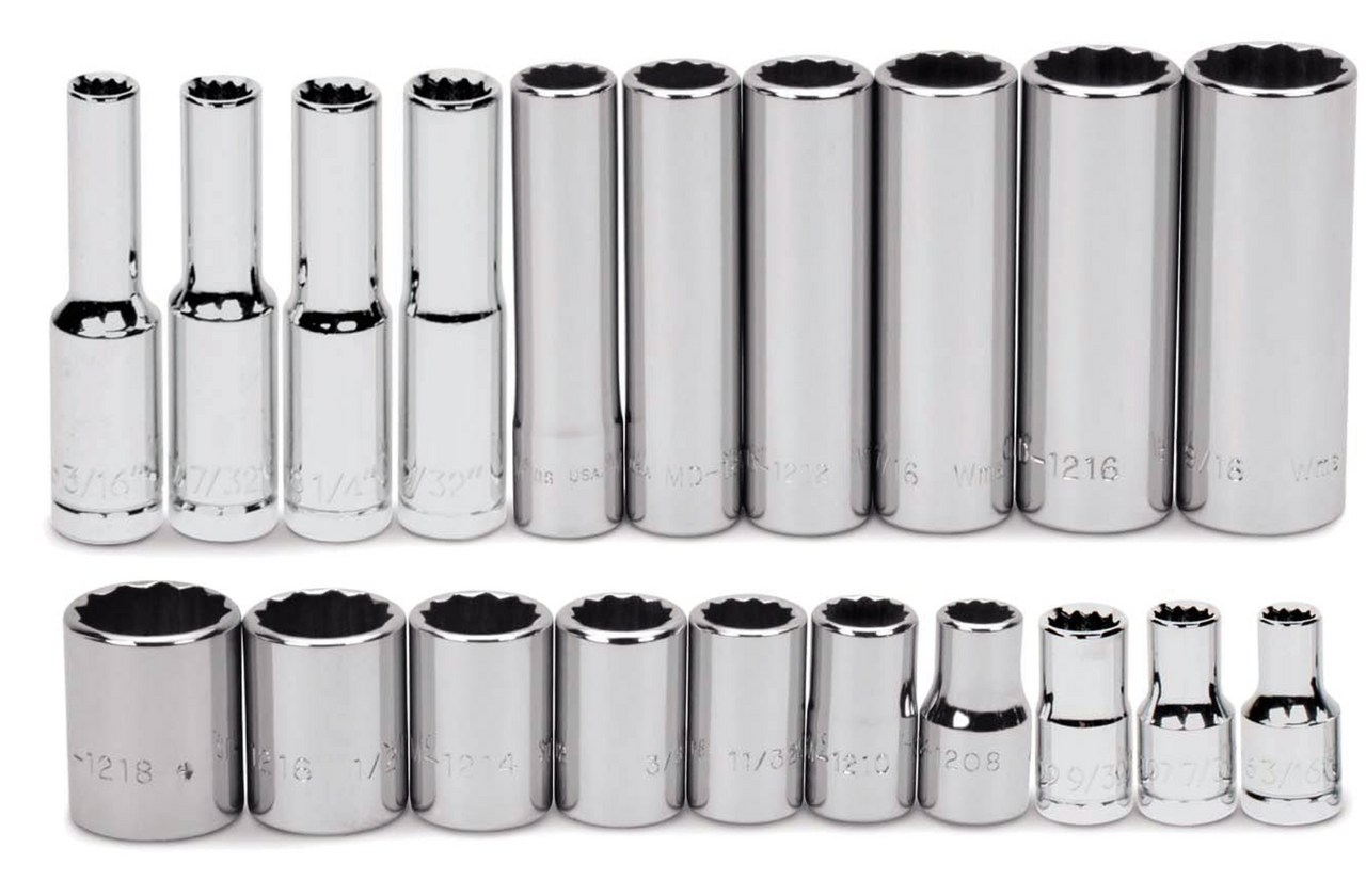 Shallow & Deep Socket & Drive Tool Set, 1/4" Drive, 12-Point, SAE, 25 pc