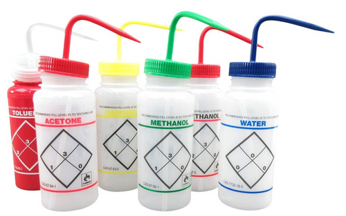 Wash Bottles, 2-Color, Safety Labeled, Wide Mouth Wash Bottles, 2-Color, Safety Labeled, Wide Mouth