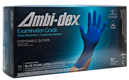 Glove, Ambi-dex® Exam Grade Disposable Latex, Blue, 14 mil, 50/pk,10pk/cs Glove, Ambi-dex® Exam Grade Disposable Latex, Blue, 14 mil, 50/pk,10pk/cs