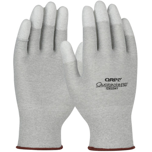 Gloves, QRP® Qualakote® Seamless Knit Nylon/Carbon Fiber Electrostatic Dissipative (ESD) Glove with Polyurethane Coated Grip on Fingertips Gloves, QRP® Qualakote® Seamless Knit Nylon/Carbon Fiber Electrostatic Dissipative (ESD) Glove with Polyurethane Coated Grip on Fingertips