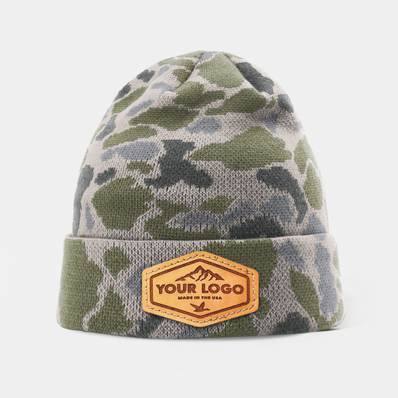 Richardson 126 Duck Camo Beanie, Custom Leather Patch Hat Richardson 126 Duck Camo Beanie, Custom Leather Patch Hat