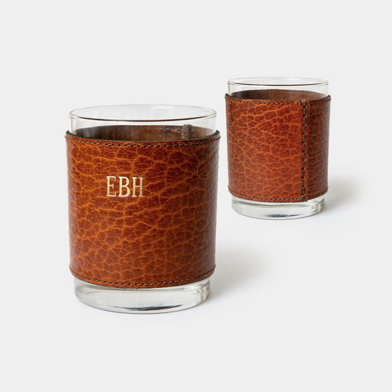Leather Wrapped Rocks Glass Set, Personalized (Set of 2)