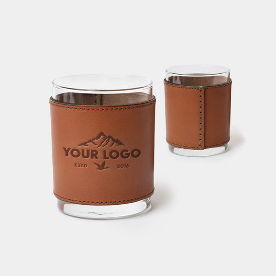 Leather Wrapped Rocks Glass, Deboss Custom Logo (12 Piece Minimum)