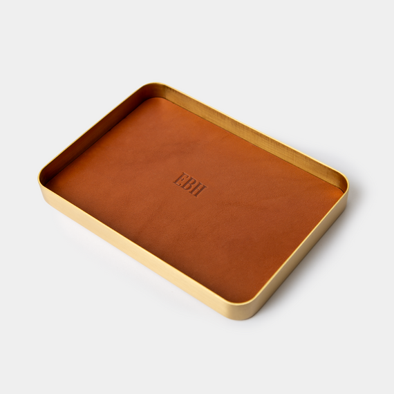 Brass Tray with Leather Insert, Personalized