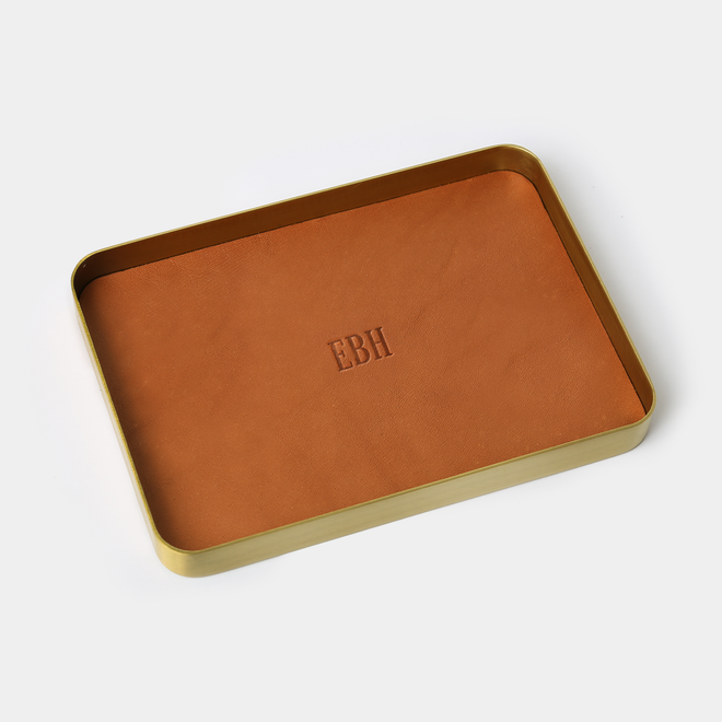 Brass Tray with Leather Insert, Personalized