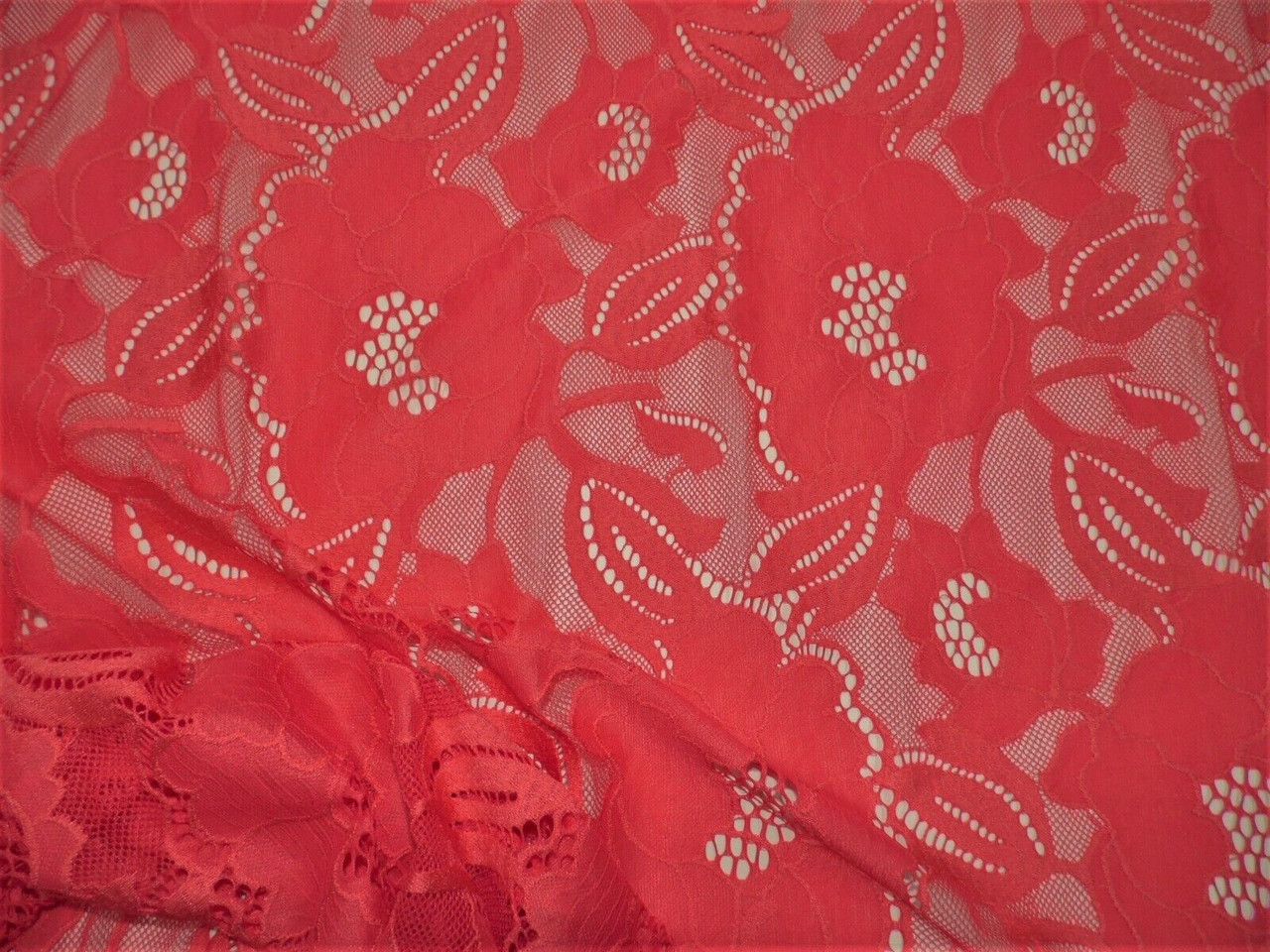 Neon Coral Pink Floral Lace, Fabric By the Yard