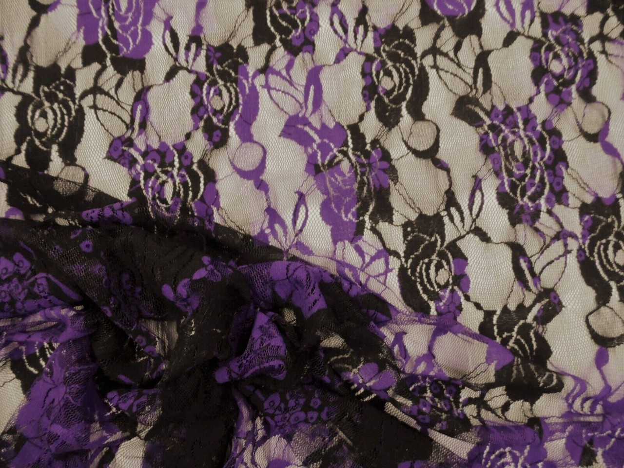 Stretch Lace Apparel Fabric Sheer Black Purple Rose Floral AA110