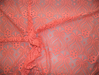 Discount Fabric Stretch Mesh Lace Coral Pink Embroidered Fleuron Bulb Sheer B700 Discount Fabric Stretch Mesh Lace Coral Pink Embroidered Fleuron Bulb Sheer B700